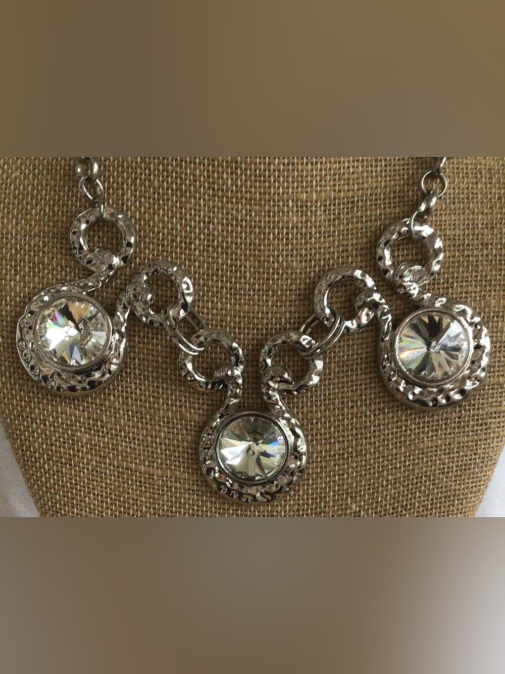 Crystal Clear, Silver tone Hammered Bib Necklace